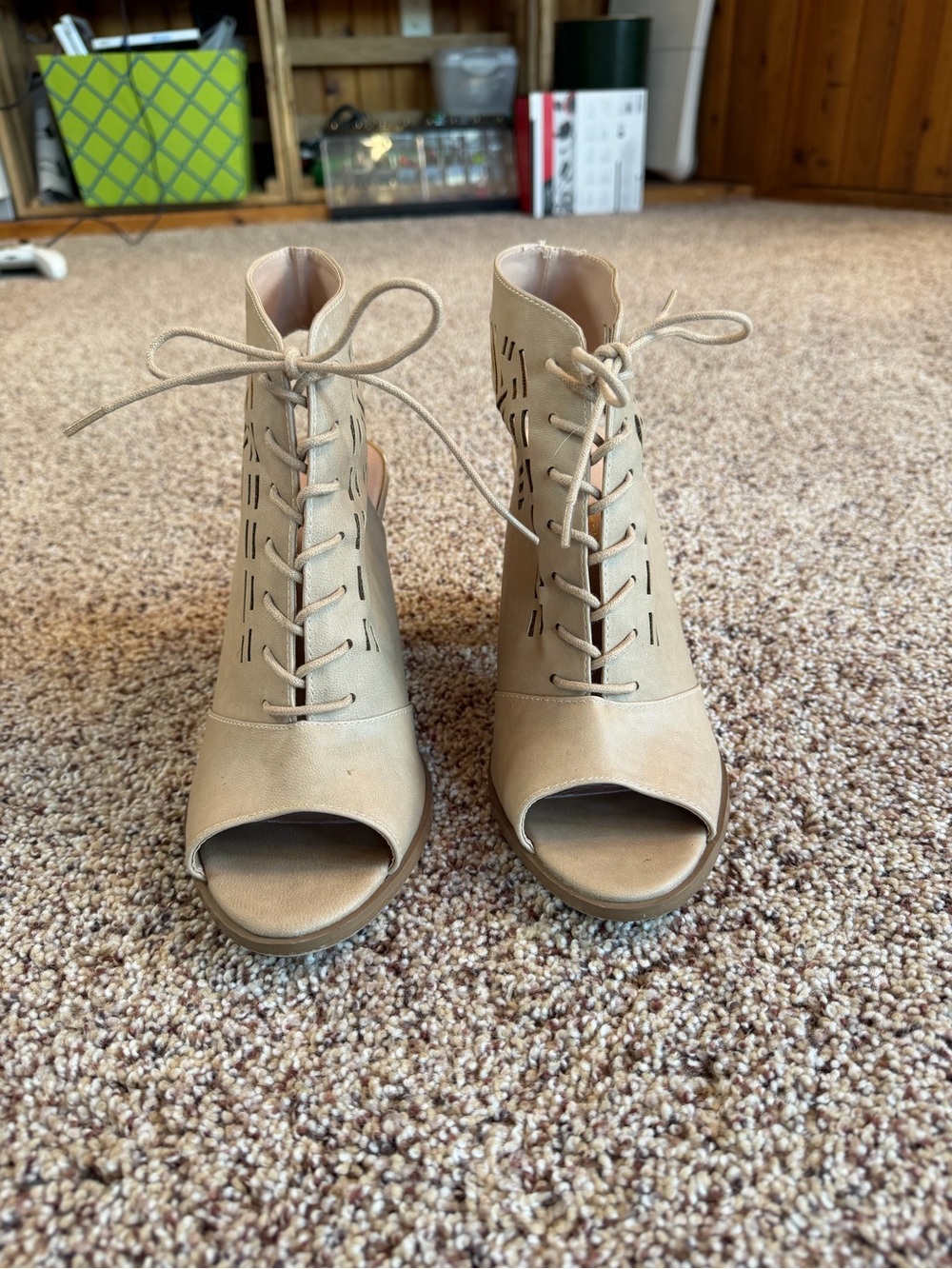Restricted Beige Lace-Up Peep Toe Heeled Booties